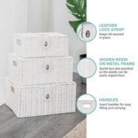 SET OF 3 Storage Baskets Resin Wicker Woven Hamper Box Lid & Lock Stackable UK - Image 3