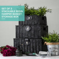 SET OF 3 Storage Baskets Resin Wicker Woven Hamper Box Lid & Lock Stackable UK - Image 4
