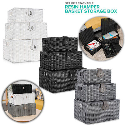 SET OF 3 Storage Baskets Resin Wicker Woven Hamper Box Lid & Lock Stackable UK